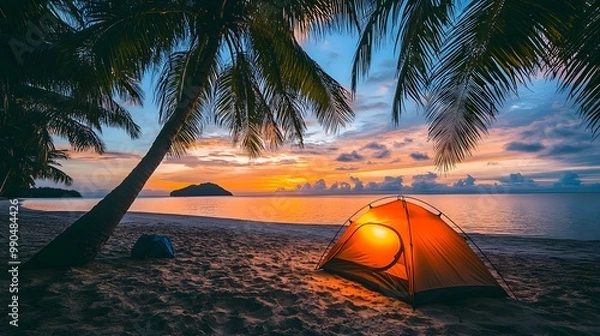 Fototapeta A tent set up on the beach under palm trees during sunset, with a tropical ocean and mountains in the background