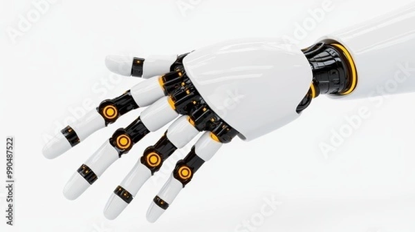 Fototapeta A high-tech robotic hand with sleek components and glowing lights, ultra-modern mechanical engineering, 3D visualization, isolated on white background