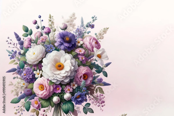 Fototapeta Spring flowers bouquet decoration horizontal, use for greeting, wedding, invitation card, backdrop, banner