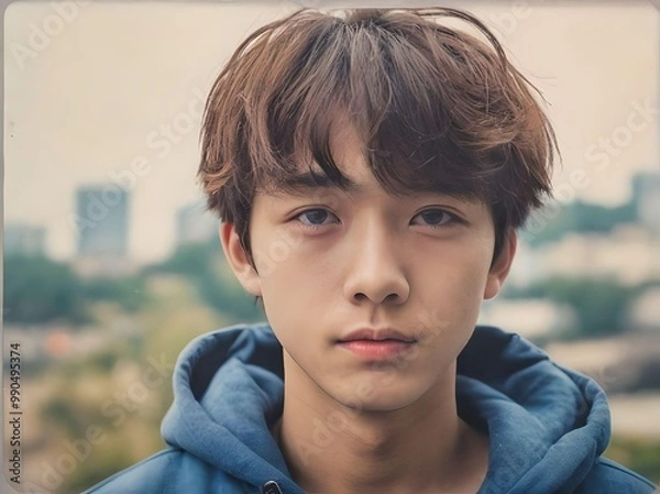 Obraz Portrait of a Cute Handsome Asian Man with Brown Hair and Blue Hoodie Looking at Camera Portrait with Bokeh Aerial View City Background