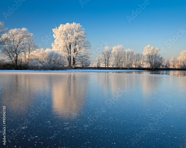 Fototapeta Frozen lake and snow covered trees in Winter, ice crystals in the foreground