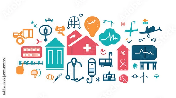 Obraz A collection of colorful icons representing various services and industries.