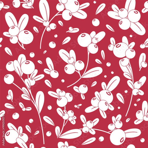 Fototapeta Botanical seamless pattern with branches, leaves, berries cranberries, lingonberries on a black background. Vector illustration. Web, invitation card, design for fabrics, wallpapers, textiles