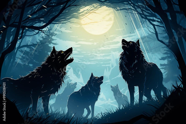 Fototapeta Haunting scene of spectral wolves roaming through a mysterious. Generative AI
