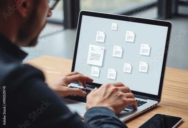 Fototapeta Businessman reviewing overdue invoices and payment reminders on