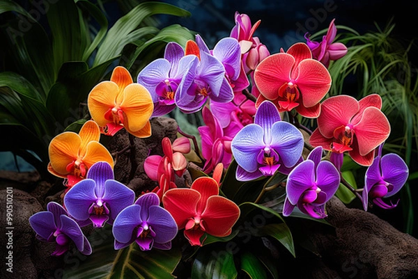 Fototapeta lush image of exotic orchids flourishing in a tropical rainforest, highlighting the unique shapes and vivid colors. Generative AI