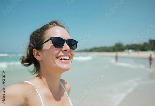 Fototapeta A person enjoying a beach day and smiling