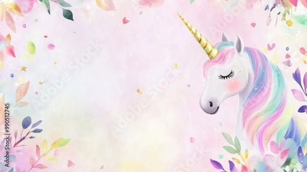 Fototapeta Watercolor unicorn head with floral frame.