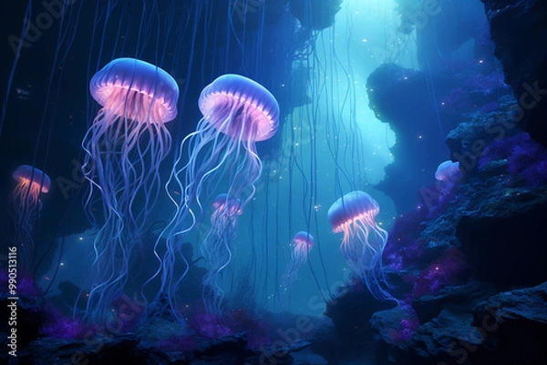 Fototapeta  mesmerizing scene of a glowing jellyfish ballet taking place in the depths of an underwater cave. Generative AI