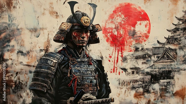 Fototapeta A samurai warrior stands with a bloody face, a red sun behind him, and a Japanese village in the background.