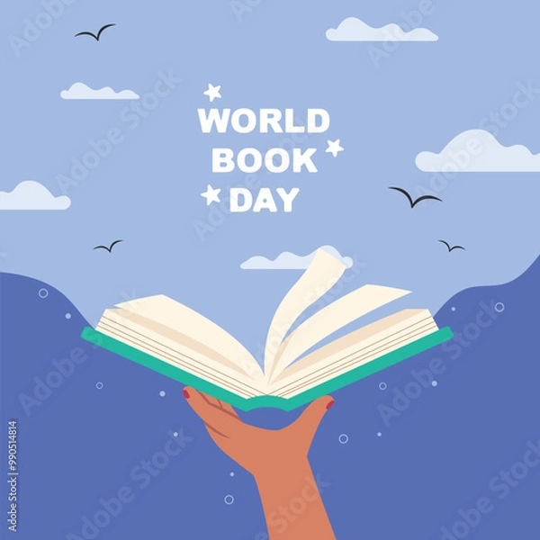Obraz Happy world book day. Open book on the background of the sky banner, Magic of knowledge and imagination concept.