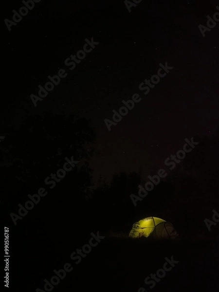 Fototapeta Illuminated tent under the night starry sky
