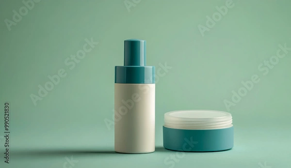 Fototapeta A white and blue plastic cosmetic bottle with a cap beside an empty round cream jar, positioned on the right.