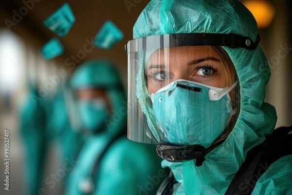 Fototapeta A healthcare worker in full protective gear symbolizing the frontline defense during restrictions.