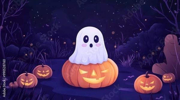 Fototapeta A ghost sits on top of a jack-o-lantern in a field of pumpkins at night.