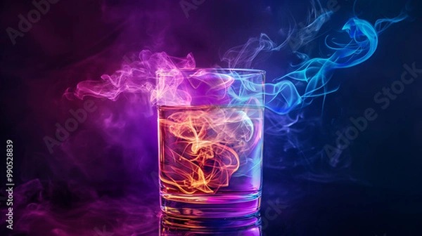 Obraz A glass of water with colorful smoke swirling around it, dark background, colorful, vector art, blacklight paint effect