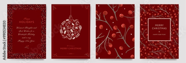 Fototapeta Set of Christmas Corporate Holiday cards with floral berry ornate frames, background and copy space. Universal artistic templates, vector illustration
