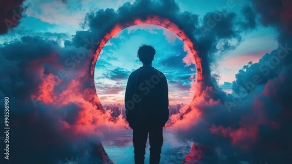 Fototapeta Person Standing Before a Colorful Cloud Portal