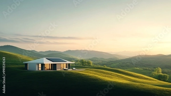 Fototapeta Modern house surrounded by lush hills at sunrise, showcasing sustainable architecture and serene landscape.