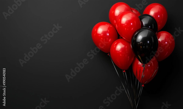Fototapeta Black friday sale banner with dark and red shiny balloons on black background with place for text. 