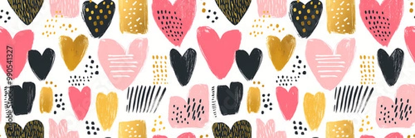 Fototapeta Seamless pattern with abstract hearts in pink, black and gold hand drawn style on white background. For Valentines Day card, wrapping paper and love design