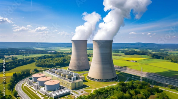 Obraz Aerial view of modern nuclear power plant with cooling towers emitting steam against clear blue sky, surrounded by lush green fields, symbolizing clean energy and environmental balance.