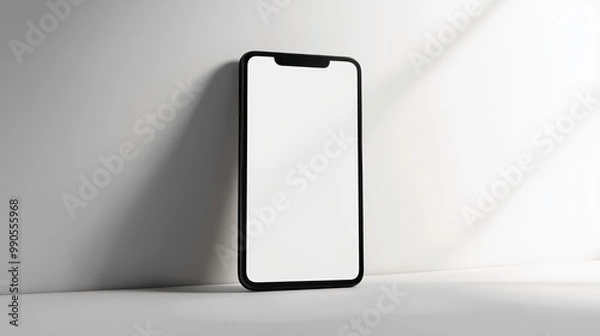 Fototapeta Black smartphone with white screen on a white table.