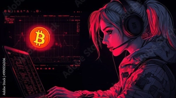Fototapeta beautiful female hacker with laptop with orange bitcoin logo