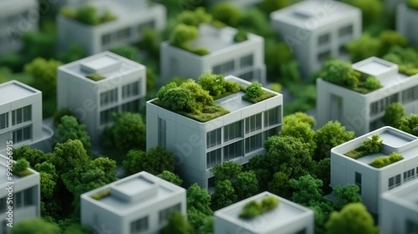 Fototapeta Aerial view of modern eco-friendly buildings surrounded by lush greenery, showcasing sustainable urban architecture and design.