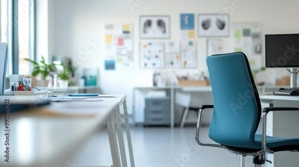 Fototapeta A modern office space with a desk, chair, and wall displays for creative work.