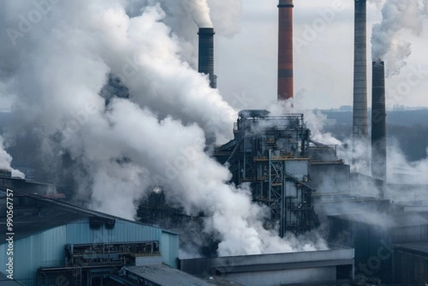 Fototapeta Photo of nickel smelting process in factory with workers wearing protective gear, involved in supervising the process of melting hot metal in a large furnace. The red glow of boiling nickel liquid