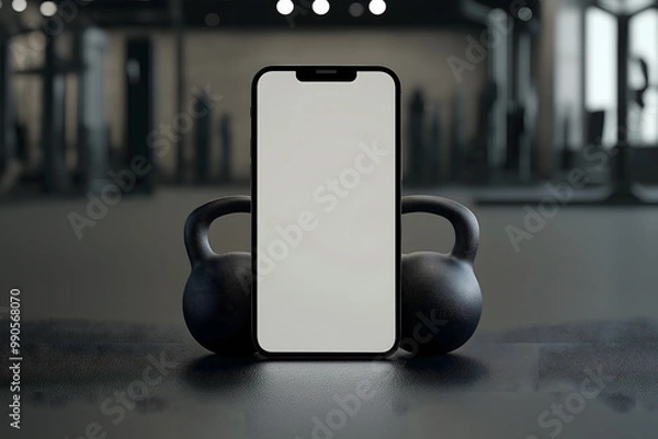 Fototapeta Blank Screen iPhone 15 Leaning Against a Kettlebell in a Gym Setting