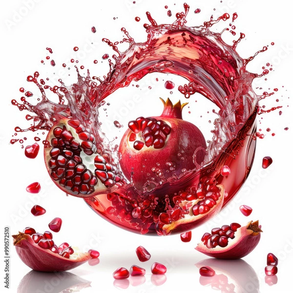 Fototapeta circular pomegranate juice splash swirl, pomegranate floating isolated white background