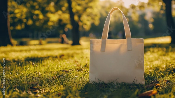 Fototapeta 
A concept image of a tote bag mockup featuring a blank tote resting in a sunlit park, showcasing a spacious, sturdy cloth design with parallel handles, offering ample copy space for customization.