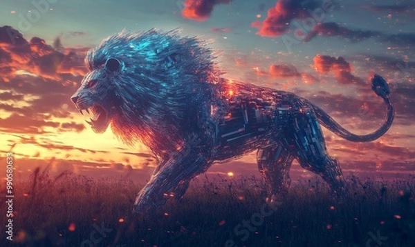 Fototapeta Cybernetic lion roaring in a field at sunset.