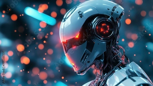 Fototapeta Closeup of a robotic head with glowing eyes and a dark blurry background.