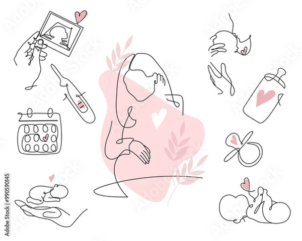 Fototapeta Vector set of pregnancy icons with heart in one line style. Continuous line drawing of pregnant woman, Ultrasound, new born baby, pregnancy test and baby pacifier