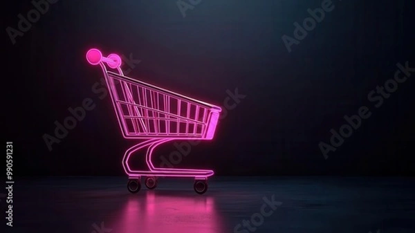 Fototapeta A glowing neon shopping cart wheel, stylized in 3D, abstract e-commerce design