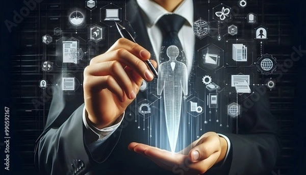 Fototapeta Man pen touch document management system and files hologram