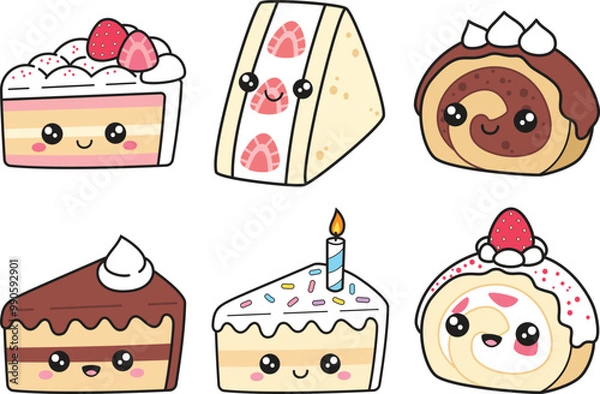 Fototapeta Cartoon set of sweet cake pieces with simple lines and no gradients in kawaii style. each image on separate layer