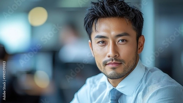 Fototapeta Professional male executive in a light blue shirt and tie seated at a desk in a modern office during daylight hours