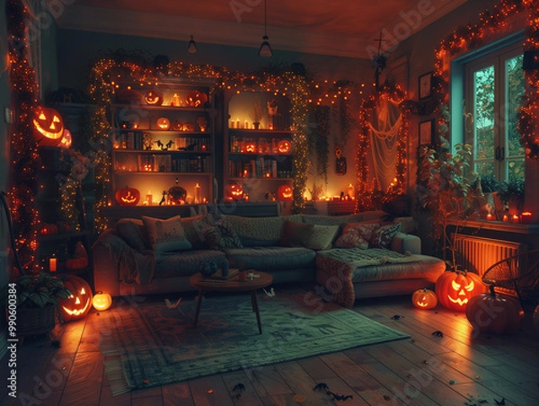 Obraz A cozy living room decorated for Halloween, with spooky ornaments, pumpkins, cobwebs, and candles. The room has a warm, inviting feel with soft lighting, a comfortable sofa, and a festive yet eerie at
