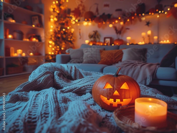 Obraz A cozy living room decorated for Halloween, with spooky ornaments, pumpkins, cobwebs, and candles. The room has a warm, inviting feel with soft lighting, a comfortable sofa, and a festive yet eerie at