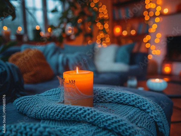 Obraz A cozy living room decorated for Halloween, with spooky ornaments, pumpkins, cobwebs, and candles. The room has a warm, inviting feel with soft lighting, a comfortable sofa, and a festive yet eerie at