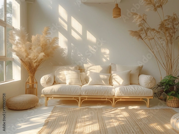 Obraz A bright and spacious living room with a minimalist design, featuring a soft pastel-colored sofa, a sleek coffee table, and subtle decor. The room is filled with natural light, creating a calm and coz