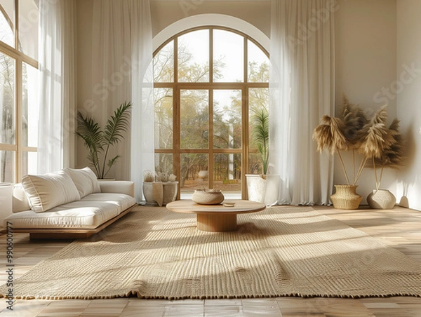 Obraz A bright and spacious living room with a minimalist design, featuring a soft pastel-colored sofa, a sleek coffee table, and subtle decor. The room is filled with natural light, creating a calm and coz