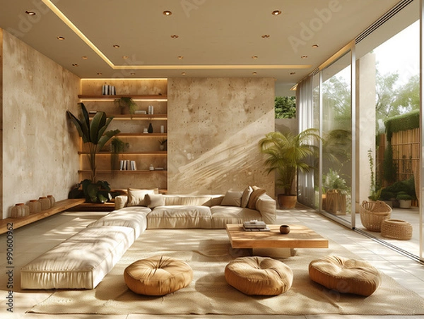 Obraz A bright and spacious living room with a minimalist design, featuring a soft pastel-colored sofa, a sleek coffee table, and subtle decor. The room is filled with natural light, creating a calm and coz