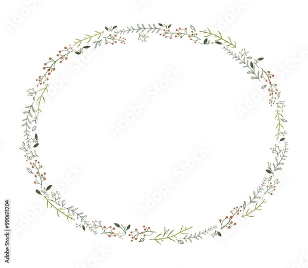 Fototapeta Watercolor Christmas wreath oval frame with various traditional colorful holiday nature elements and copy space isolated on white background. Hand drawn illustration sketch