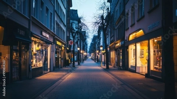 Obraz A quiet street scene at dusk with shops lining both sides.