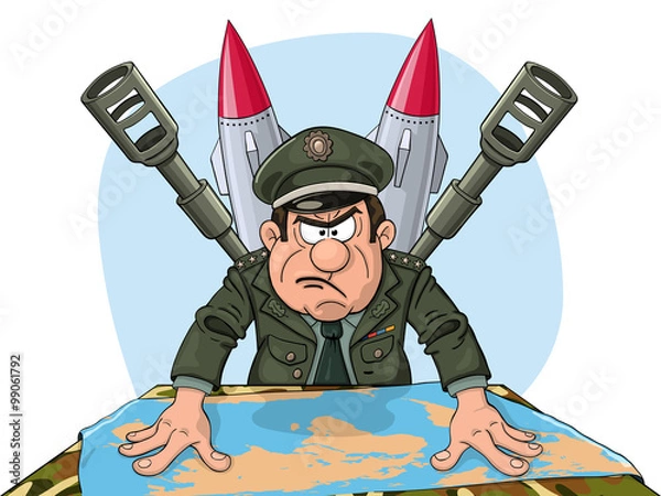 Obraz Angry military general at the  table with map of the Earth. Set of heavy armament behind him